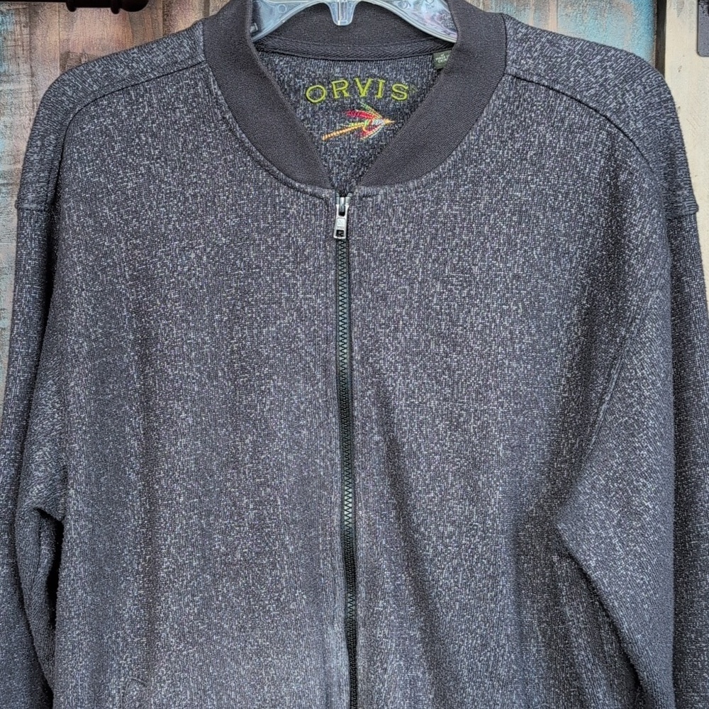 Orvis Heathered Dark Gray Bomber Jacket Full Zip Sweater - Men's Medium - Picture 2 of 8